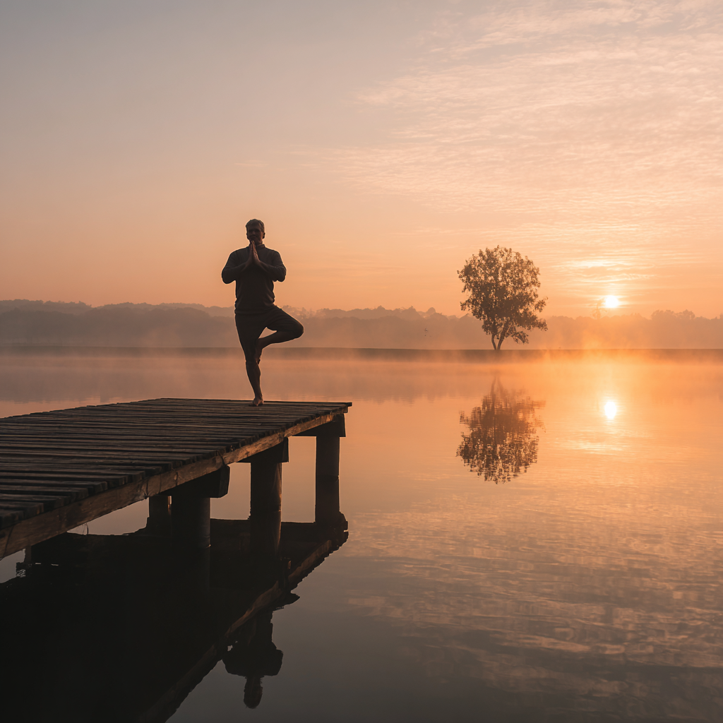 чоловік практикує йогу біля річки